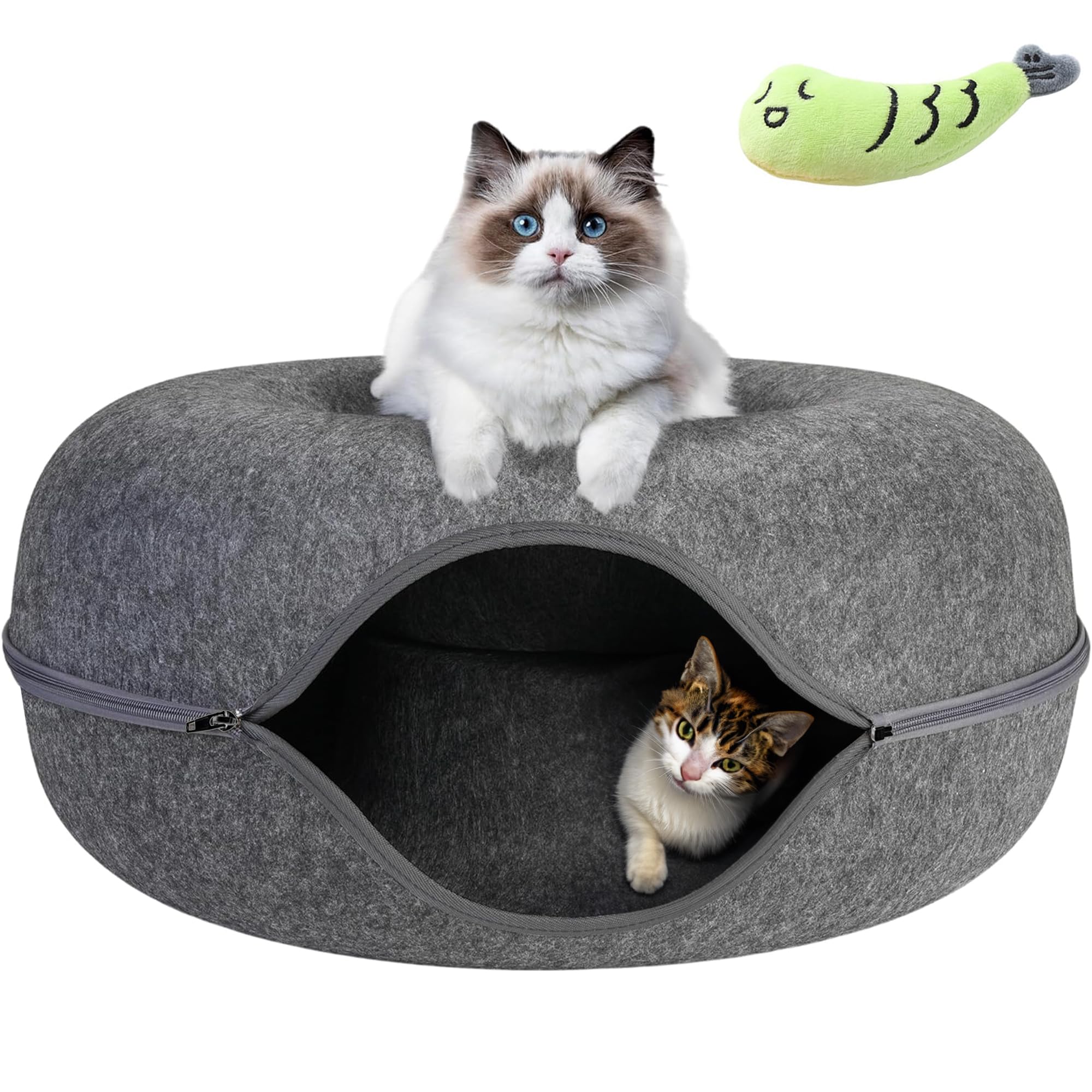 Felted Cat Cocoon Bed - Dark Gray with Fish Toy